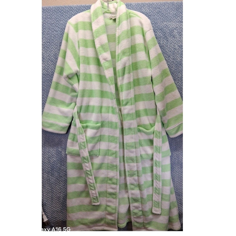 Kim Rogers by Cypress Womens Medium Green White Striped Plush Fleece Robe Belted